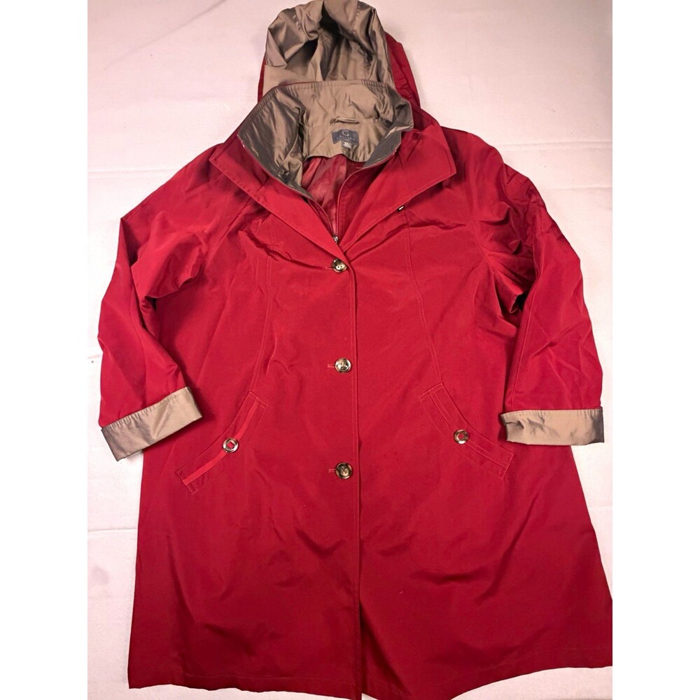 Gallery New York Women’s Red Hooded Long Rain Coat Button Zip Lined 2X Plus